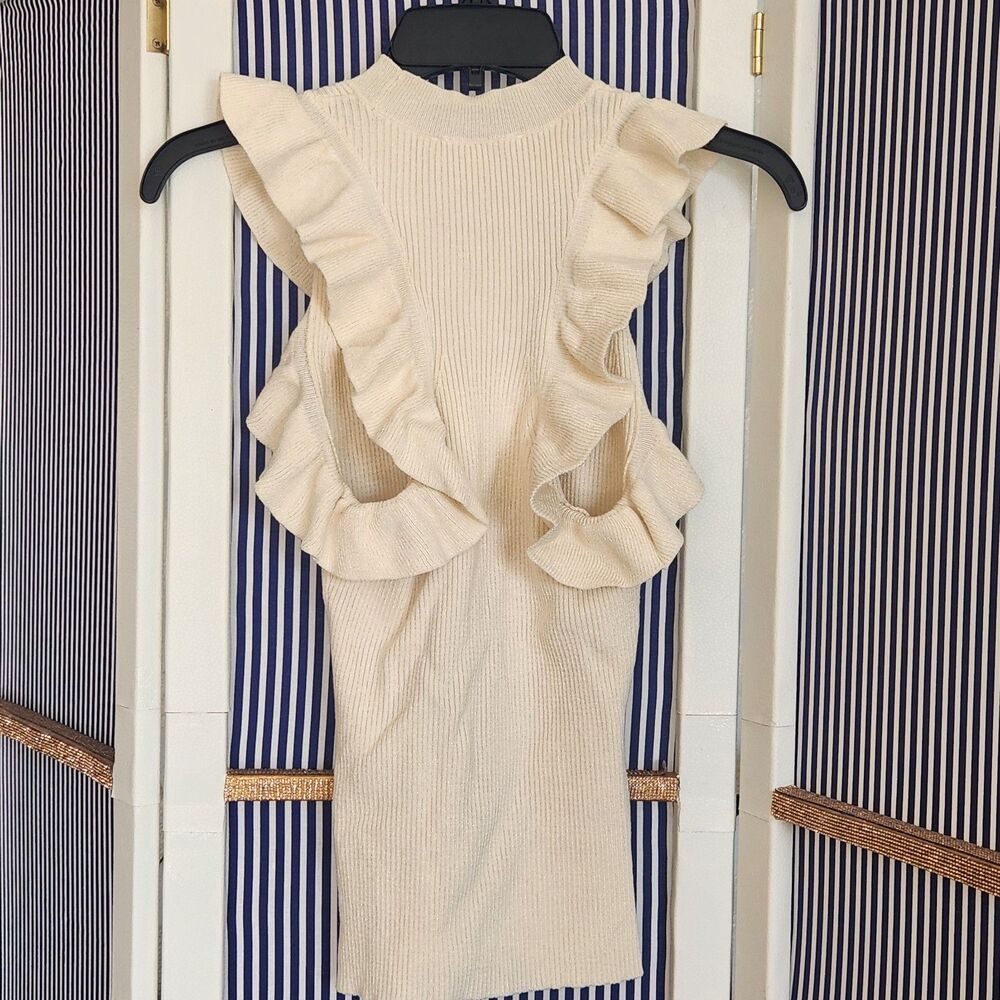 Lovestitch Sleeveless Cream Ribbed Ruffle Top Size S - Picture 3 of 5